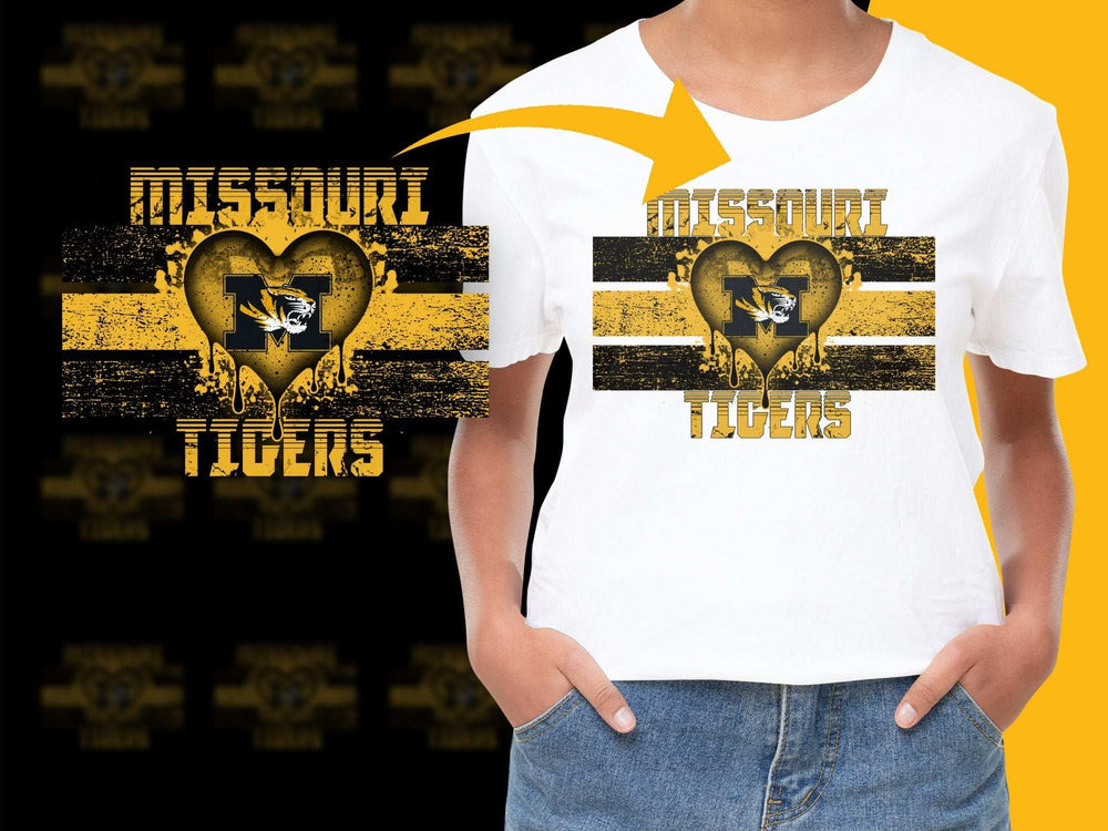 Missouri Tigers T-Shirt, Vintage Heart Logo, College Sports Fan Apparel, Yellow Black Graphic Tee