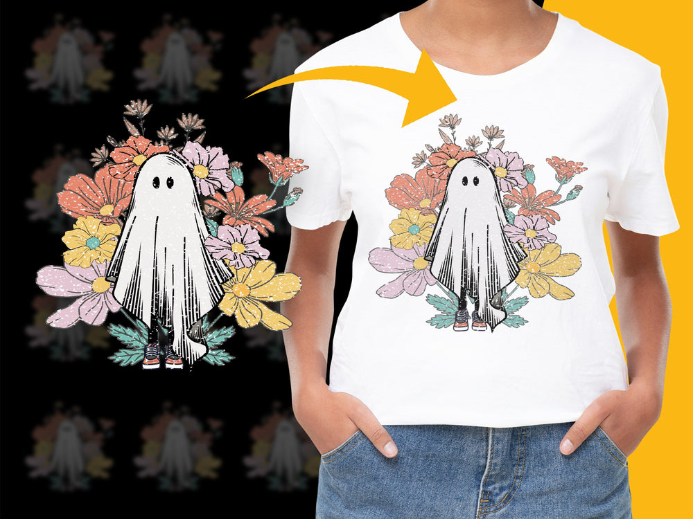 Cute Ghost Flower T-Shirt, Whimsical Fall Floral Ghost Tee, Unique Halloween Apparel, Quirky Autumn Top, Unisex Gift Idea