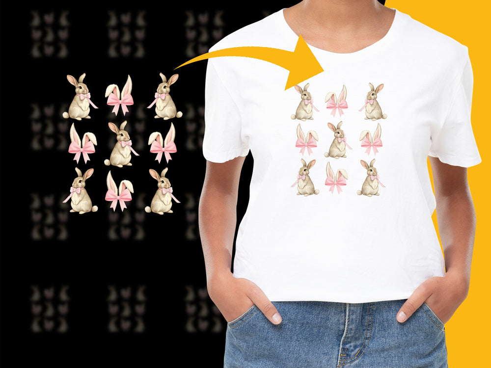 Women's White T-Shirt with Cute Bunny and Pink Flower Design, Casual Spring Wear