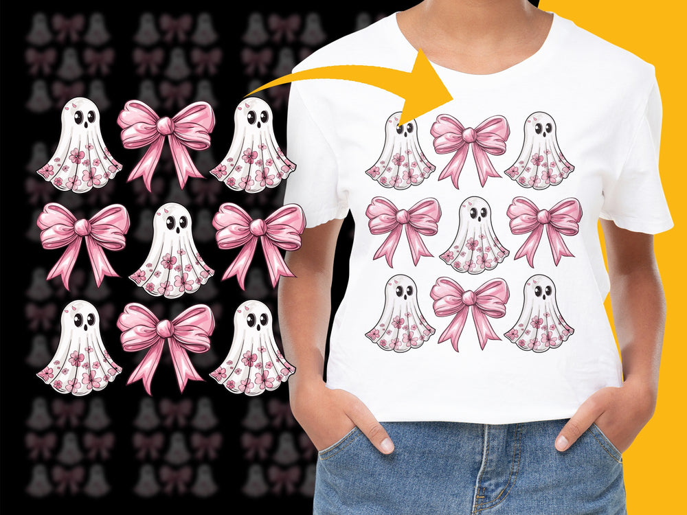 Cute Ghost and Pink Bow Graphic T-Shirt, Kawaii Halloween Tee, Spooky Casual Wear, Gift for Her