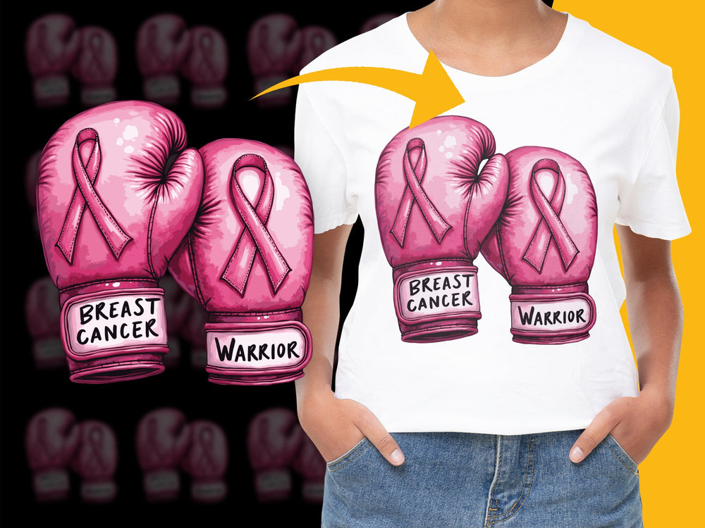 Breast Cancer Awareness T-Shirt, Pink Ribbon Warrior Boxing Gloves Print, Support Cause Tee