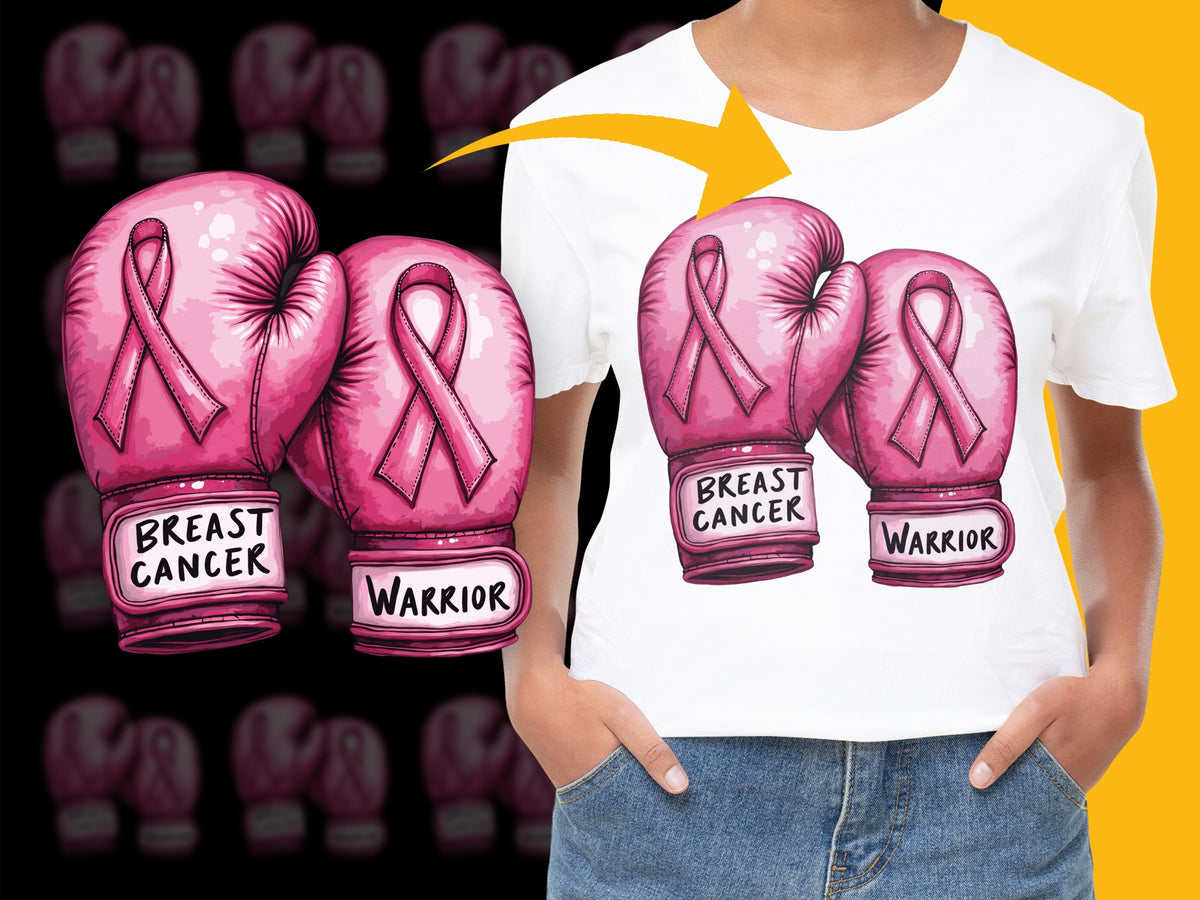 Breast Cancer Awareness T-Shirt, Pink Ribbon Warrior Boxing Gloves Print, Support Cause Tee