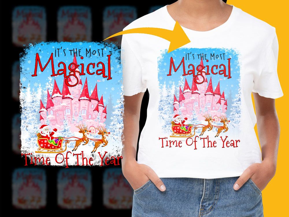 Magical Castle Holiday T-Shirt, Festive Christmas Tee, Women's Graphic Shirt, Winter Fashion Top, Colorful Castle Design