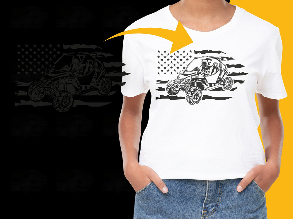 Off-Road Vehicle T-Shirt, ATV Graphic Tee, Men's White Racing Shirt with American Flag, Outdoor Adventure Apparel
