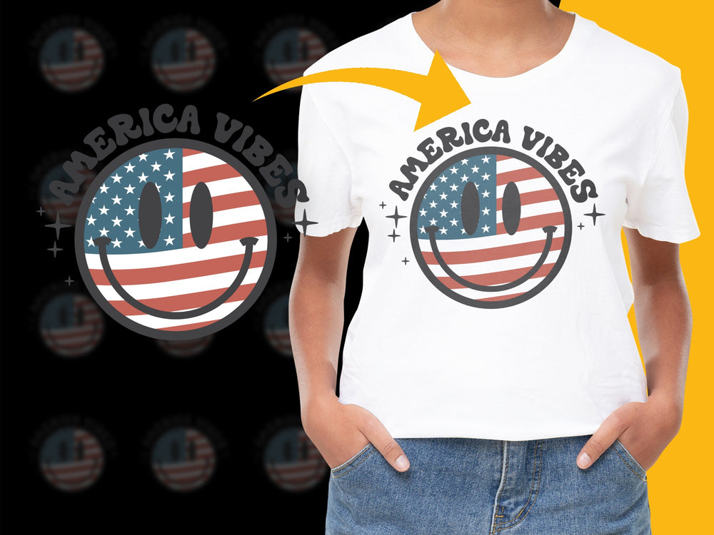 Patriotic America Vibes T-Shirt, USA Flag Smile Graphic Tee, Unisex Summer Casual Top