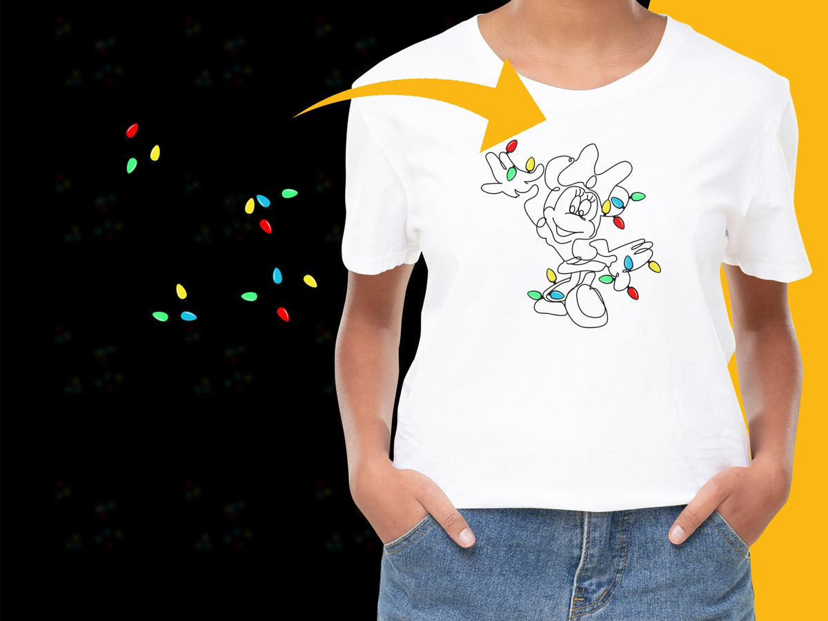 Kids Holiday T-Shirt, White Tee with Cartoon Reindeer and Lights Design, Festive Christmas Apparel for Children