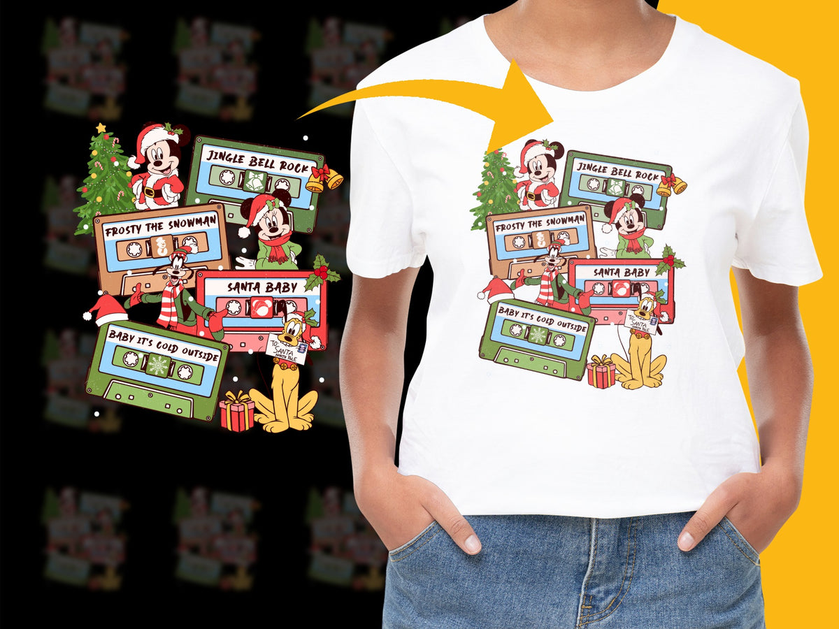 Women's Holiday Graphic T-Shirt, Christmas Santa and Snowman Print, Festive Red Bus Design, Casual Cotton Tee