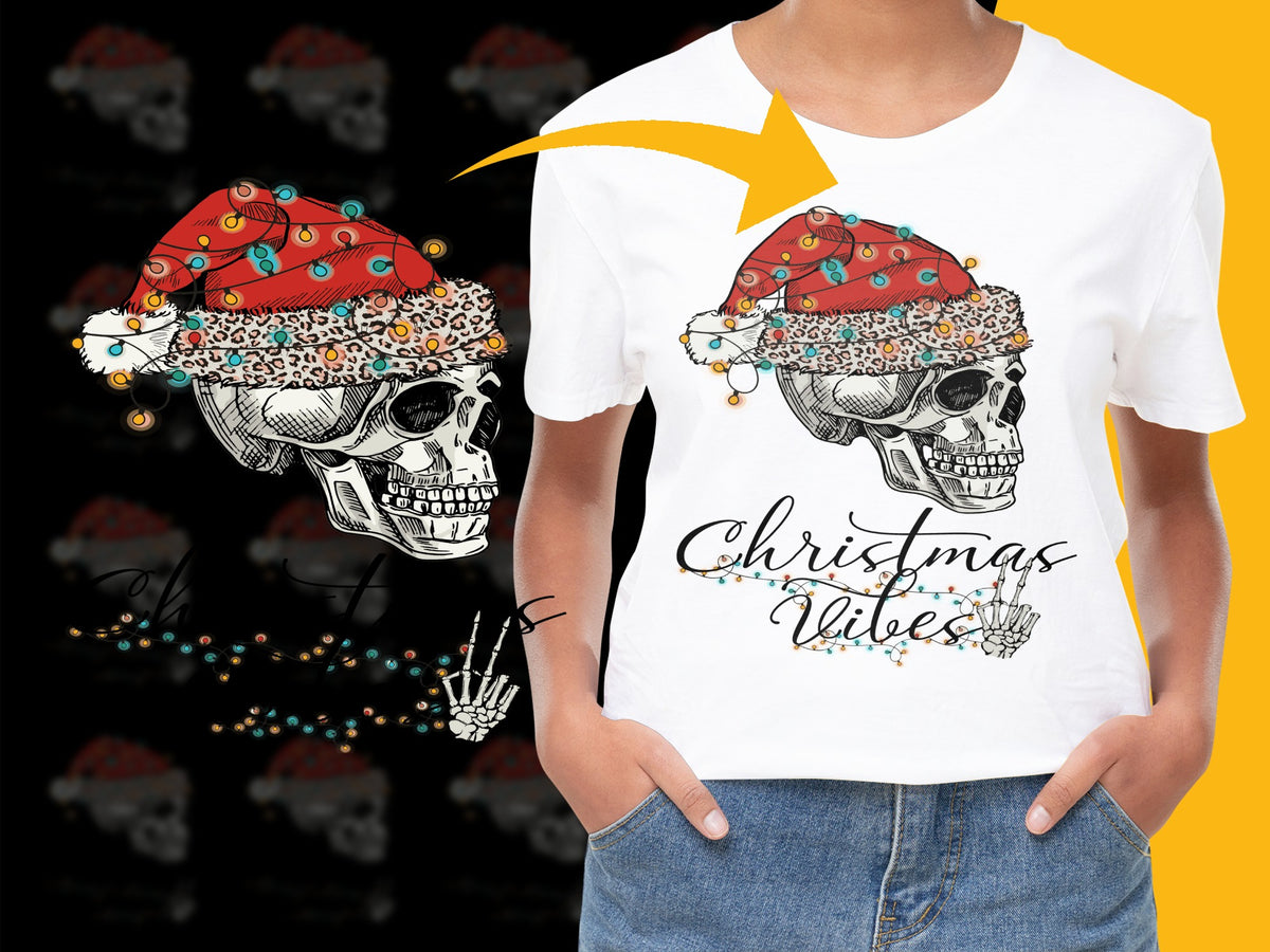 Christmas Vibes Skull T-Shirt, Festive Holiday Graphic Tee, Unique Santa Hat Skull Design, Unisex Gift