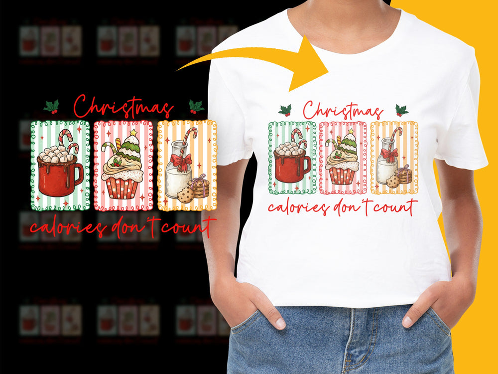 Festive Christmas T-shirt, Calories Don't Count, Holiday Graphic Tee with Cute Mugs Design, Unisex Adult Clothing