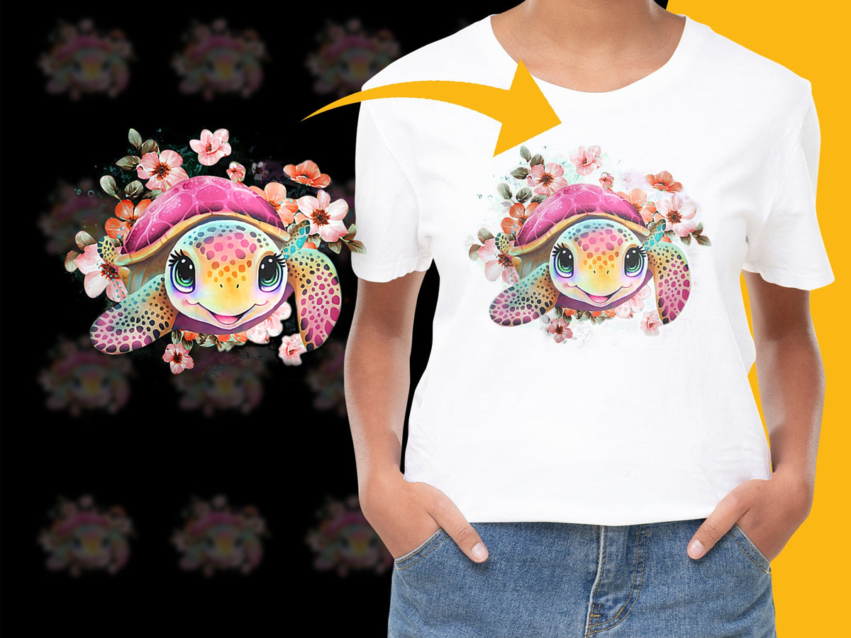 Colorful Turtle Graphic T-Shirt, Cute Cartoon Animal Design, Vibrant Kids and Adult Tee
