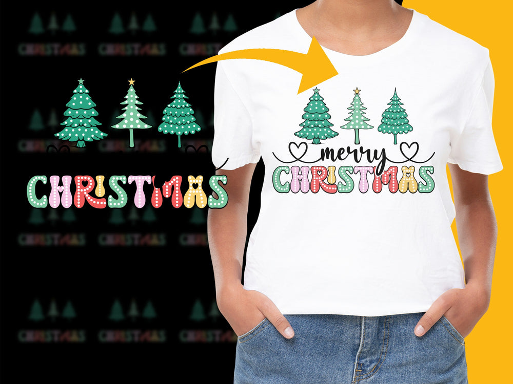 Colorful Merry Christmas T-Shirt, Holiday Trees Graphic Tee, Festive Unisex Apparel for Adults and Kids