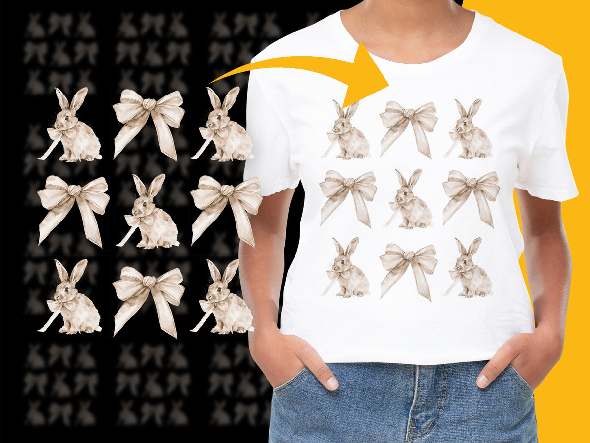 Vintage Rabbit Bow Tie Graphic T-Shirt, Cute Bunny Print Tee, Unisex Casual Wear, Animal Themed Top