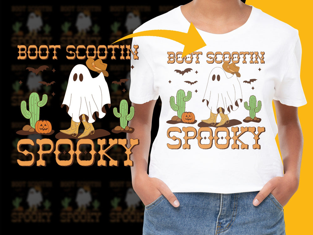 Kids Halloween T-Shirt, Boot Scootin Spooky Ghost Pumpkin Design, Cute Fall Tee for Children, Holiday Apparel with Cacti