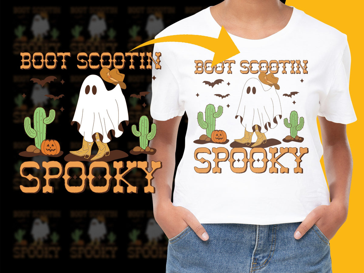 Kids Halloween T-Shirt, Boot Scootin Spooky Ghost Pumpkin Design, Cute Fall Tee for Children, Holiday Apparel with Cacti