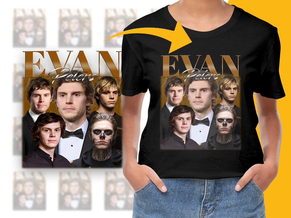 Evan Peters Inspired Graphic T-Shirt, Unique Actor Collage Design, Unisex Black Tee