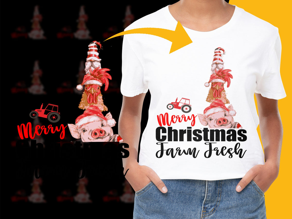 Merry Christmas Farm Fresh T-Shirt, Cute Pig and Truck Holiday Tee, Festive Family Apparel