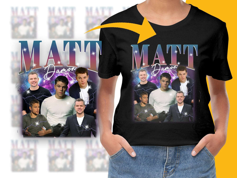 Custom Matt Damon Fan T-shirt, Retro Style Graphic Tee, Multiple Poses, Unisex Black Shirt