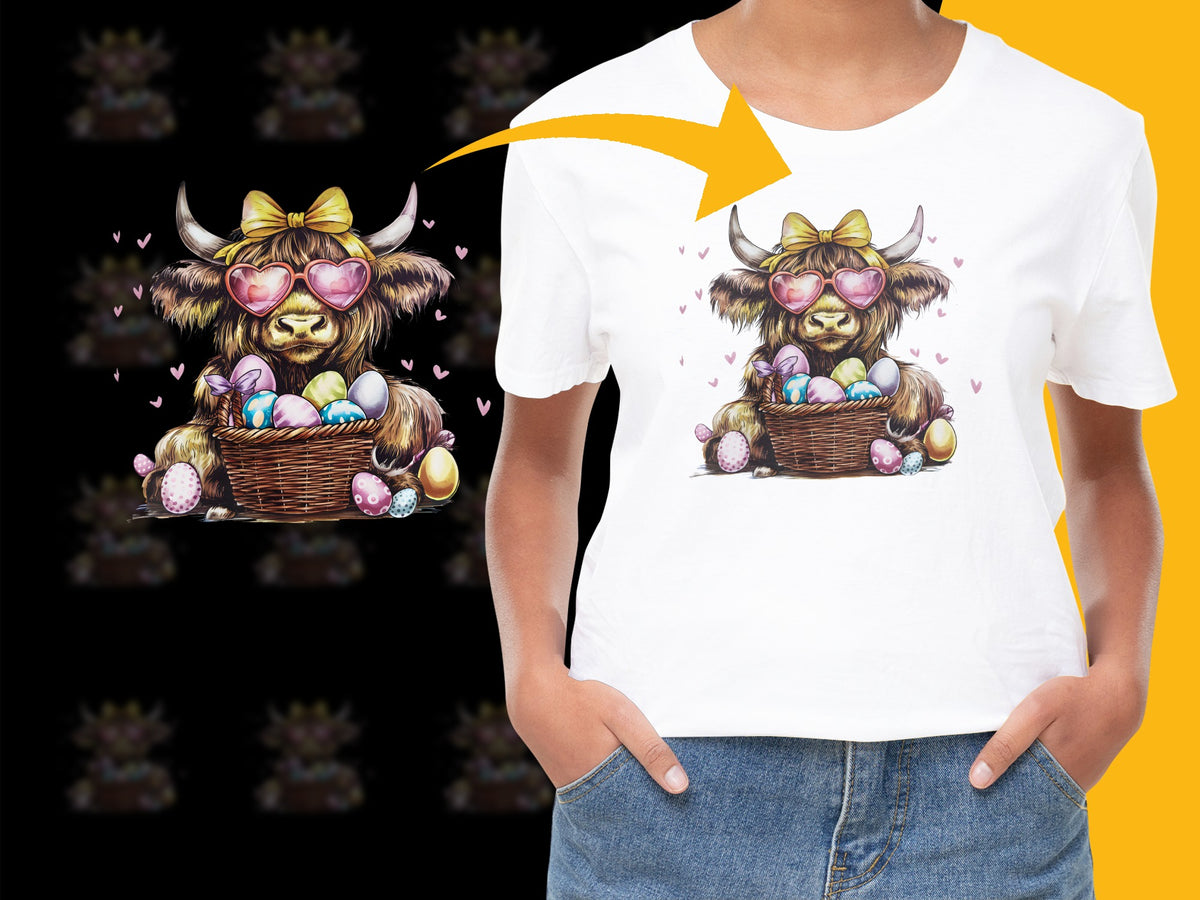 Cute Highland Cow Easter T-Shirt, Colorful Egg Basket Graphic Tee, Spring Fashion for Kids and Adults