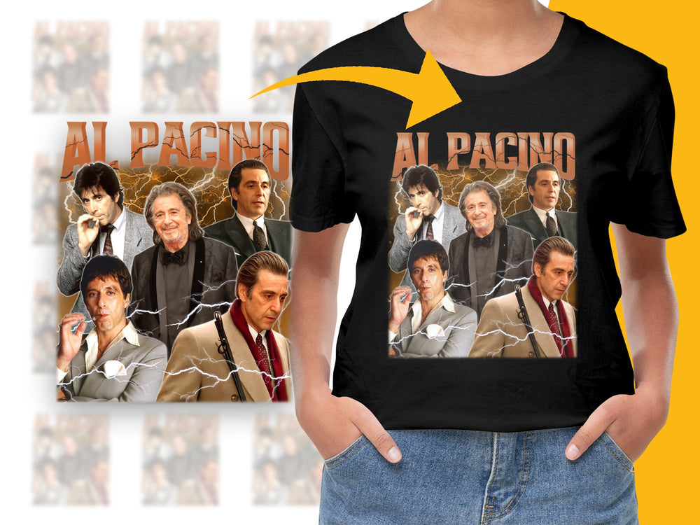 Al Pacino Tribute T-Shirt, Classic Actor Collage, Movie Icons, Men's Black Tee, Film Enthusiast Gift, Vintage Style Graphic Shirt