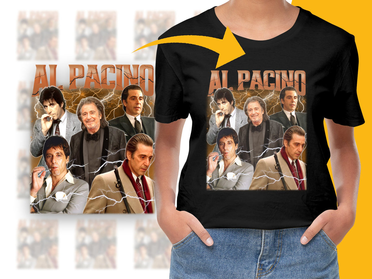 Al Pacino Tribute T-Shirt, Classic Actor Collage, Movie Icons, Men's Black Tee, Film Enthusiast Gift, Vintage Style Graphic Shirt