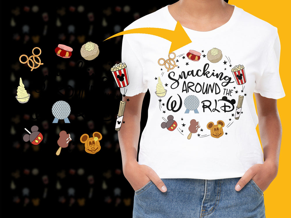 Snacking Around the World Theme T-Shirt, Cute Food Icons, Disney Inspired, Unisex Graphic Tee, Casual Streetwear, Gift Idea for Travelers