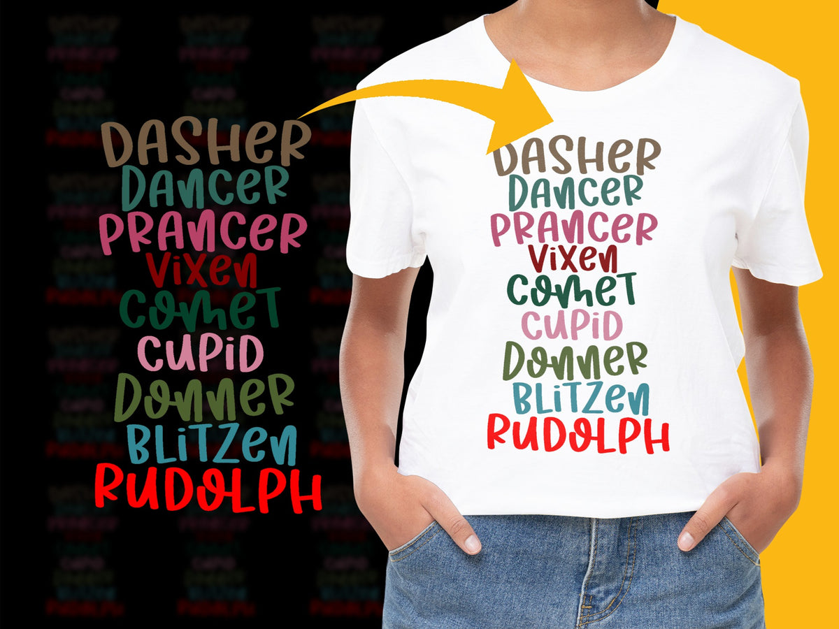 Colorful Reindeer Names Christmas T-Shirt, Festive Holiday Graphic Tee, Unisex Kids Adult Clothing