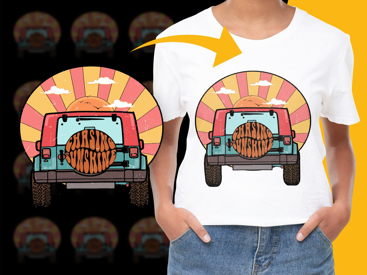 Kids Sunset Safari Jeep Graphic T-Shirt, Summer Adventure Tee, Unisex Children's Clothing, Trendy Road Trip Design Shirt
