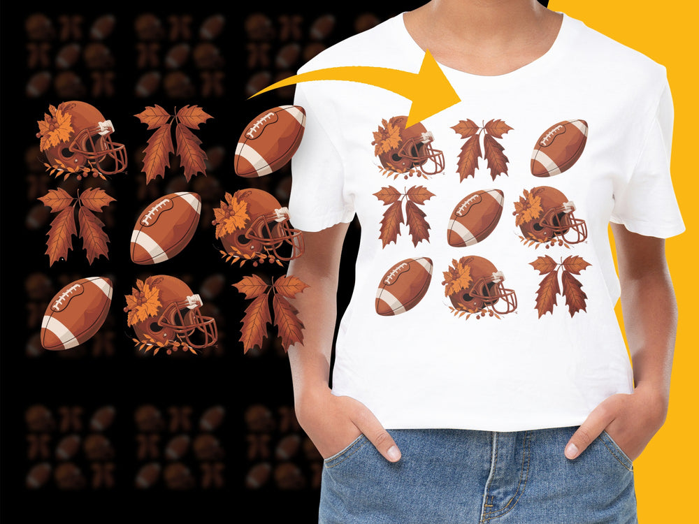 Fall Football T-Shirt, Autumn Leaves and Footballs Graphic Tee, Casual Sports Apparel for All Ages