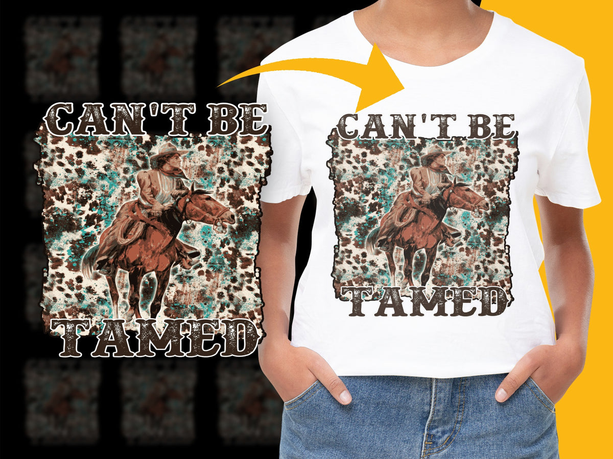 Vintage Cowboy Graphic T-Shirt, 'Can't Be Tamed' Western Tee, Rustic Rodeo Style Shirt, Unique Print Top for Adults and Teens
