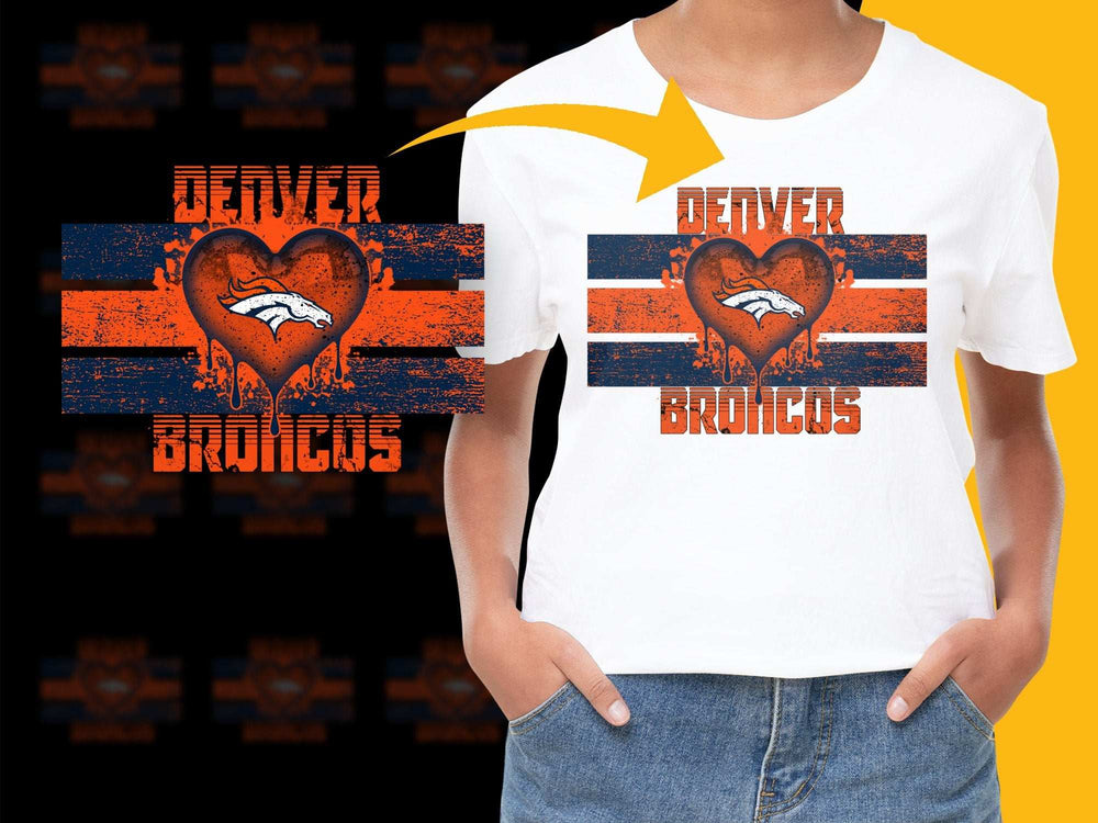 Denver Broncos Heart Design T-Shirt, Retro Style Orange Blue Sports Fan Tee, Casual Streetwear Top for NFL Lovers