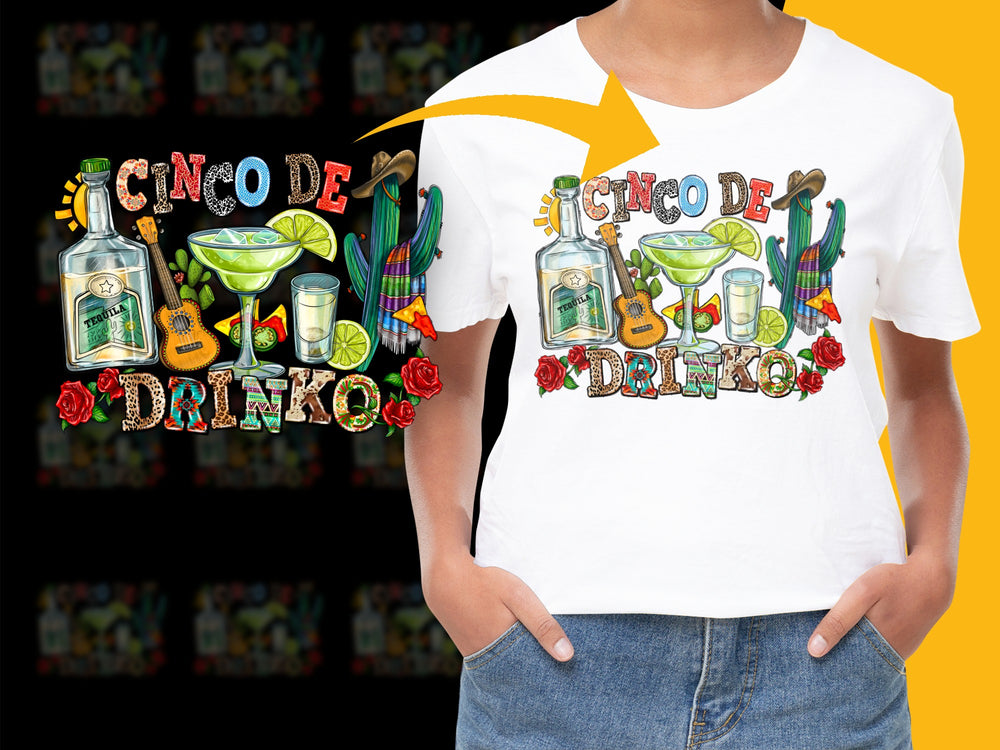 Cinco de Drinko T-Shirt, Festive Mexican Celebration Graphic Tee, Colorful Illustration with Drinks and Flowers