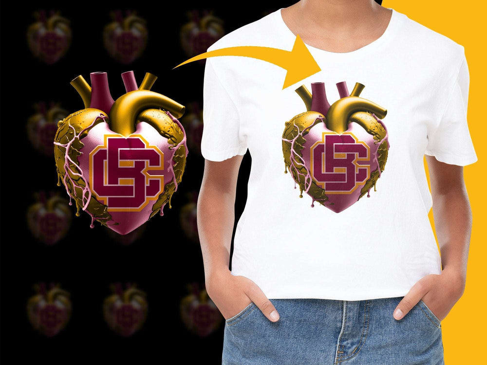 Graphic Heart T-Shirt, Bold Golden Monogram, Stylish All-Over Print, Casual Streetwear Style, Unique Design Tee