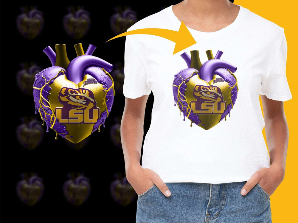 LSU Heart Graphic T-Shirt Purple and Gold College Fan Apparel Trendy Unisex Tee