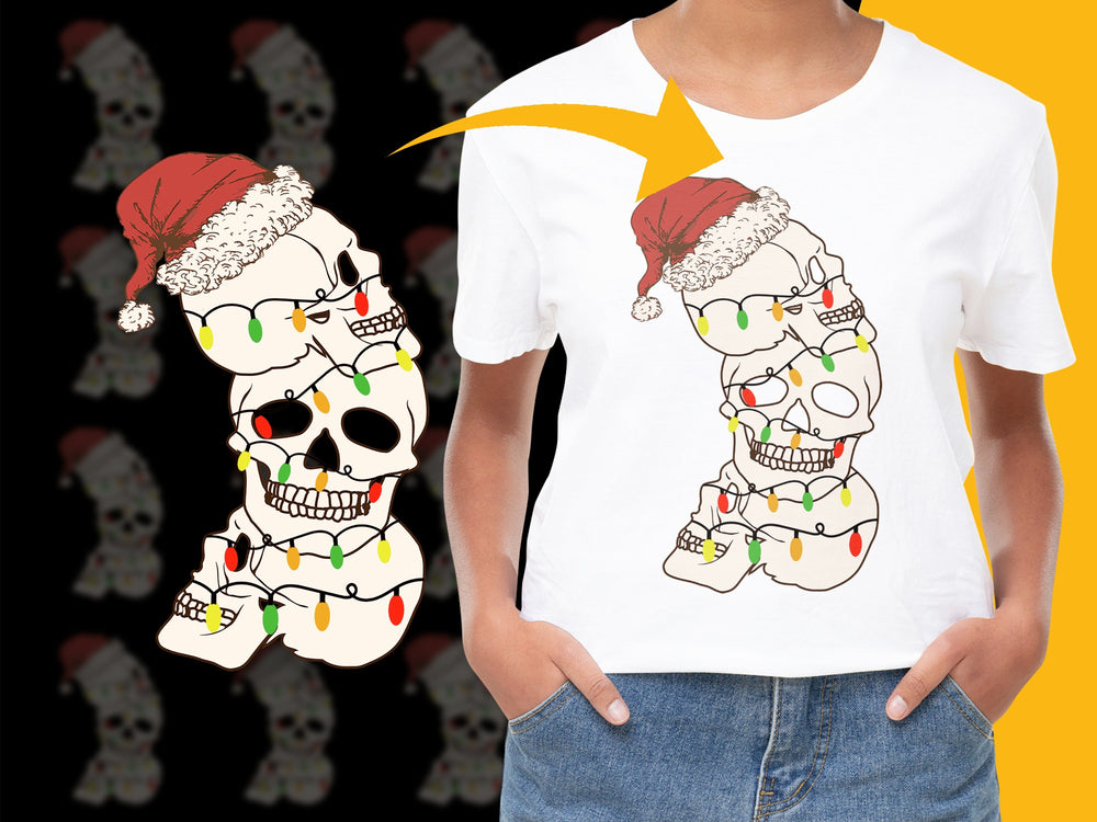 Women's Festive Skull T-Shirt, Funny Christmas Lights and Santa Hat Design, Holiday Fashion Top