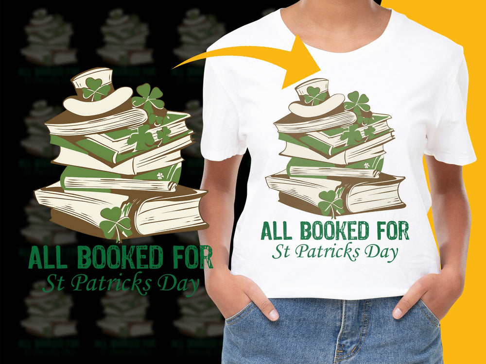 St Patrick's Day T-Shirt, All Booked Graphic Tee, Green Books and Hat Design, Festive Irish Shirt, Adult and Kids Sizes Available