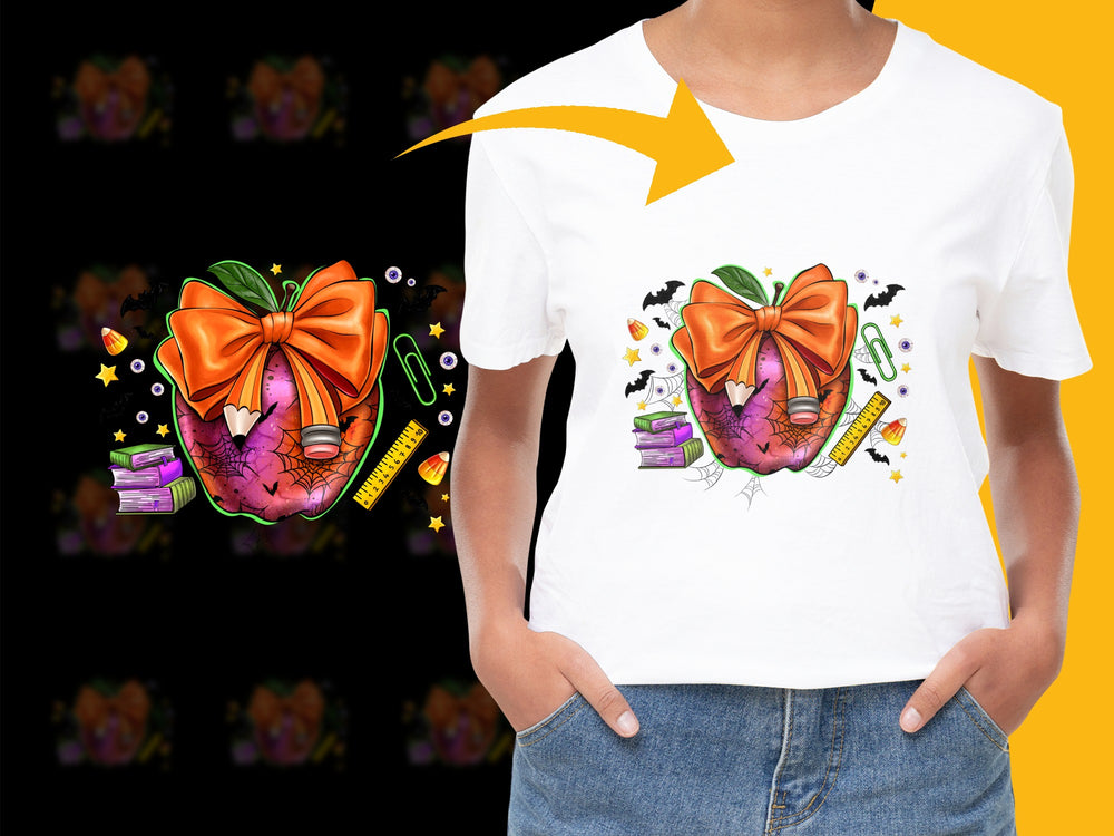 Halloween Pumpkin T-shirt with Candy and Bow Graphic, Spooky Cute Tee for Fall Festivities