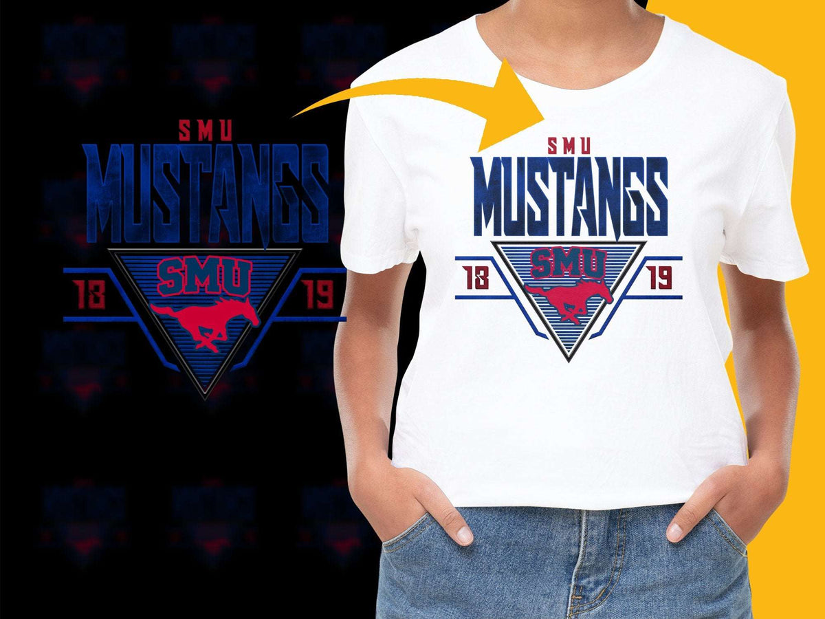 SMU Mustangs Graphic T-Shirt, College Sports Logo Tee, Vintage Style Athletic Apparel, Red and Blue, Sizes S-XL