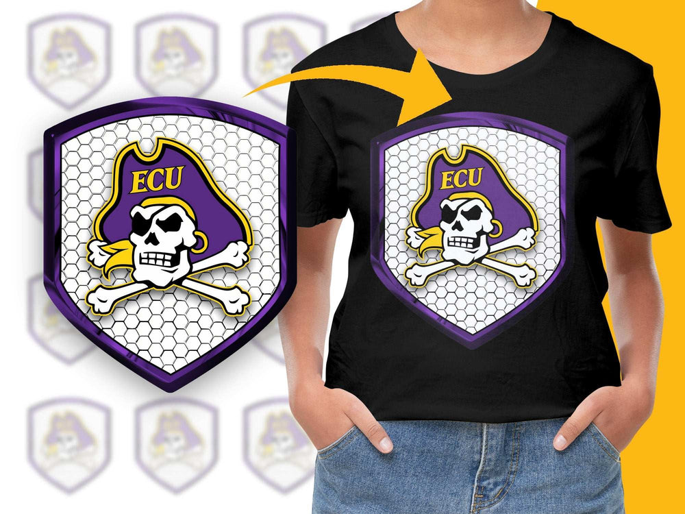 ECU Pirate Skull Graphic T-Shirt, Purple and Gold, Unisex Casual Tee, Sport Team Logo, Trendy College Apparel