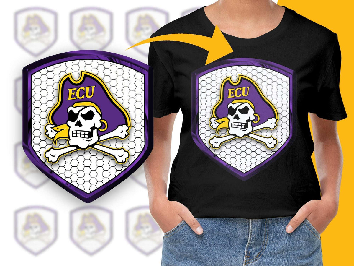 ECU Pirate Skull Graphic T-Shirt, Purple and Gold, Unisex Casual Tee, Sport Team Logo, Trendy College Apparel