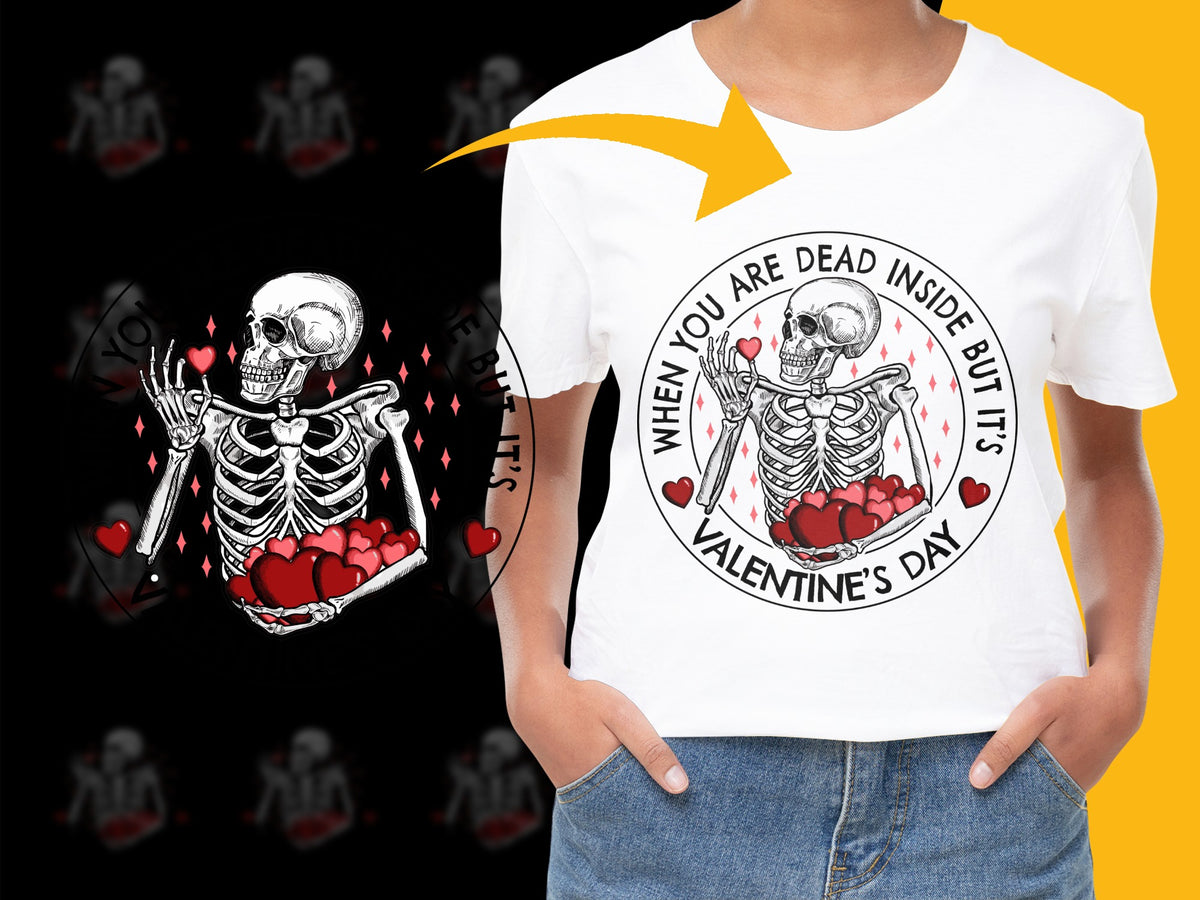 Gothic Valentine's Day T-Shirt, Skeleton Heart Graphic, Unique Dead Inside But It's Valentine Tee