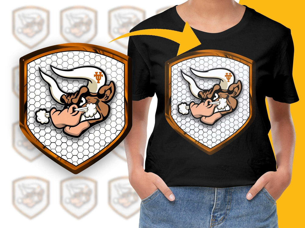 Cartoon Bull Mascot Sports Team Logo T-Shirt, Youth and Adult Sizes, Athletic Apparel