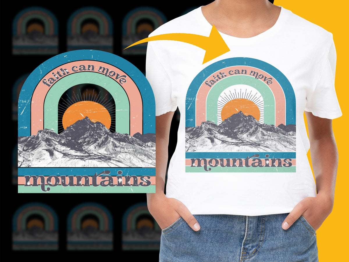 Faith Can Move Mountains Vintage Retro Tee, Inspirational Graphic T-Shirt, Unisex Mountain Design Top, Gift Idea