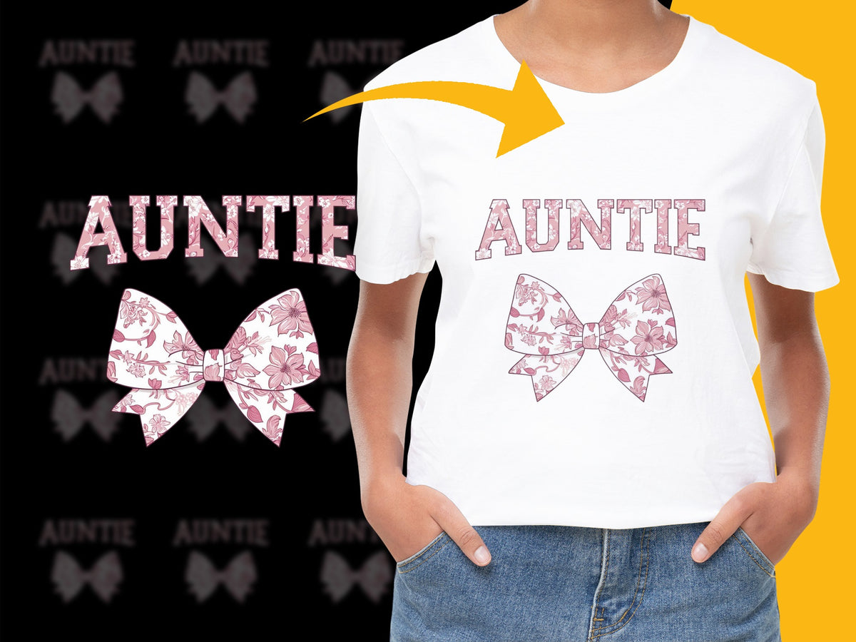 Auntie Floral Print T-Shirt, Cute Aunt Gift, Women's Fashion Top, Casual Floral Bow Graphic Tee