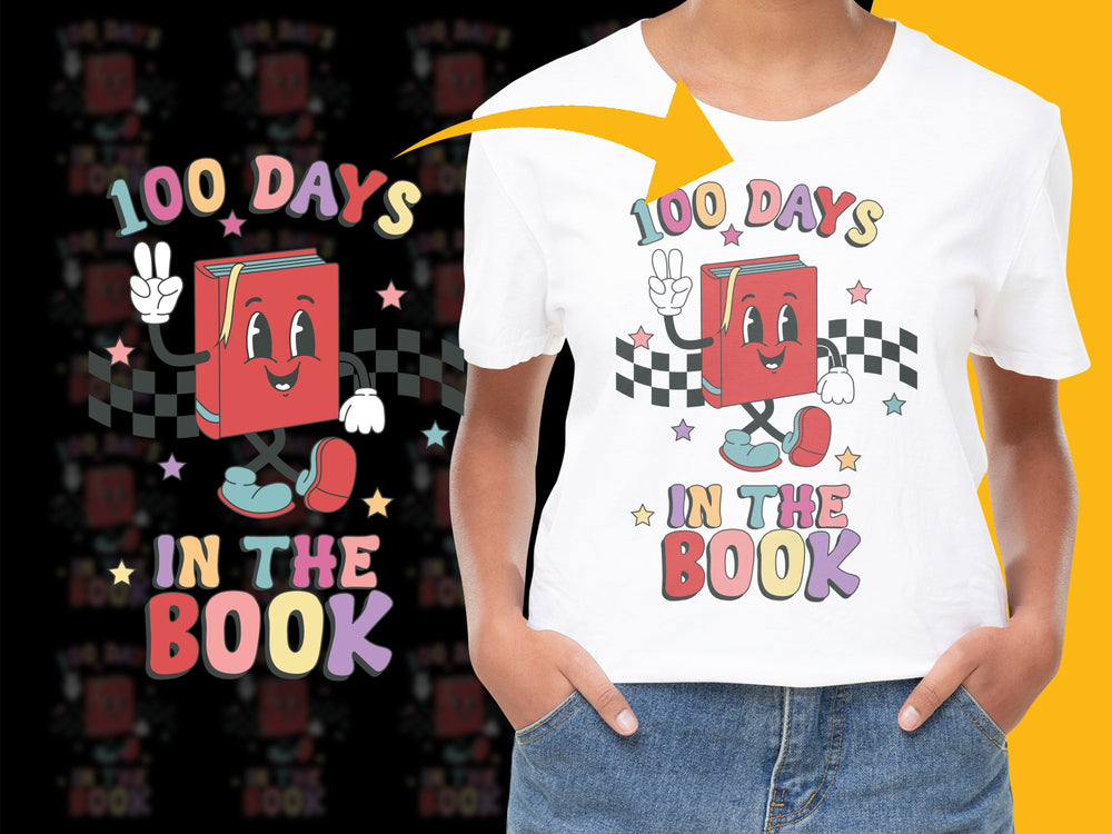 Kids 100 Days of School T-Shirt, Fun Book Character, Checkered Flag, Educational Celebration Shirt, Colorful Graphic Tee for Children