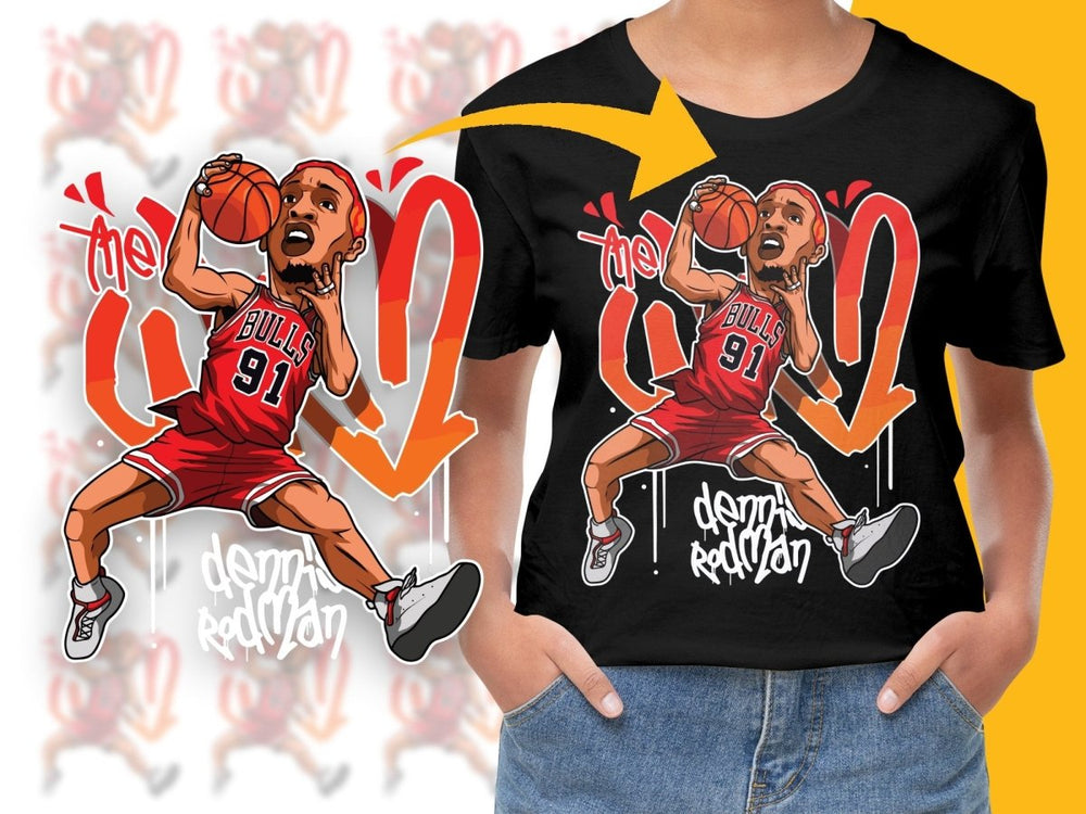 Dennis Rodman Chicago Bulls Dunk Action Cartoon Basketball Legend PNG File - Teepew