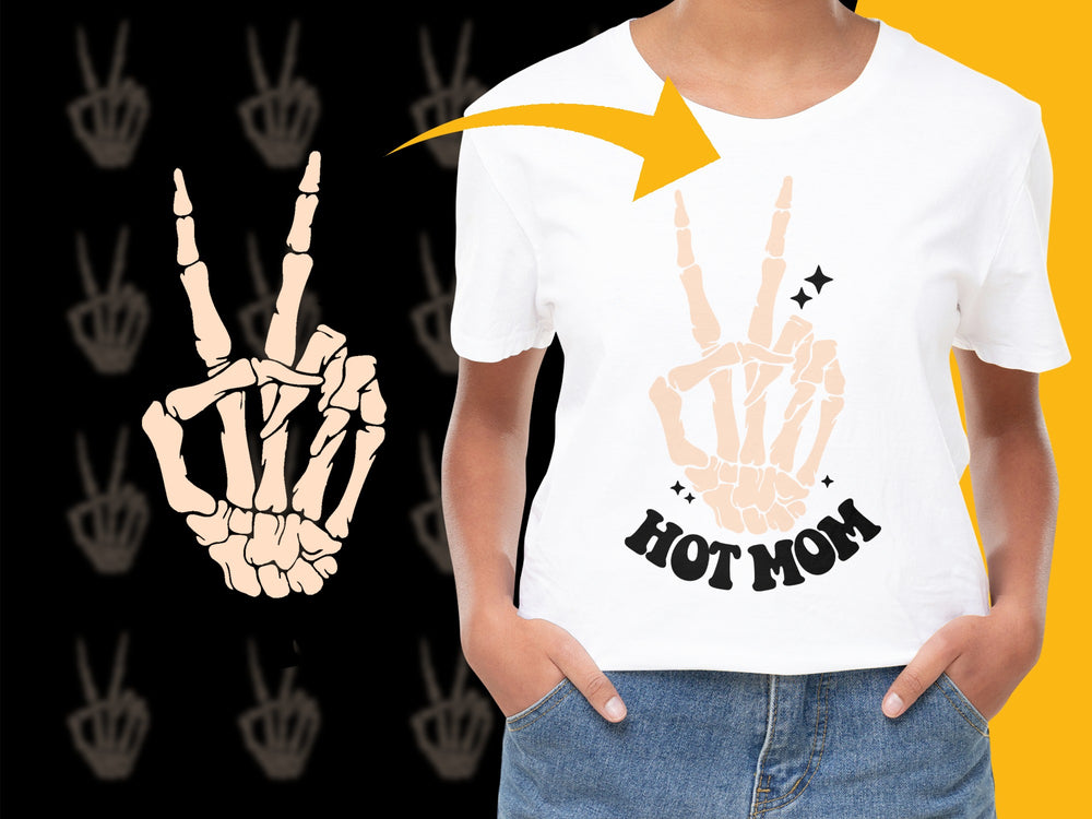 Hot Mom Skeleton Hand Sign Graphic T-Shirt, Funny Mom Gift, Trendy Tee for Mothers Day, Unique Casual Wear for Women