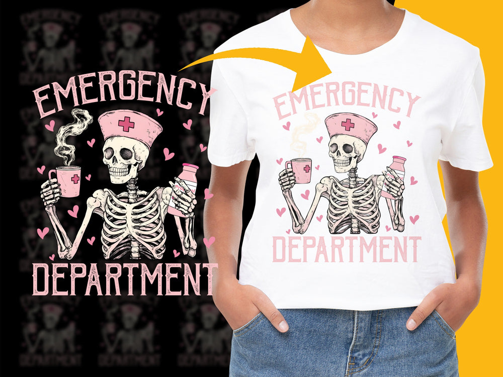 Emergency Department Skeleton Graphic T-Shirt, Cool Nurse Doctor Tee, Fun Medical Staff Gift Idea