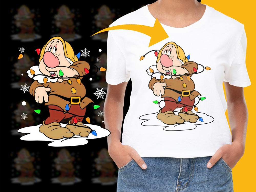 Festive Cartoon Dwarf T-Shirt, Colorful Christmas Lights Graphic Tee, Holiday Apparel for All Ages, Unique Gift Idea