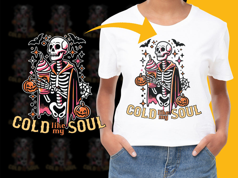 Kids Halloween T-Shirt, Skeleton Graphic, Cold Like My Soul, Pumpkin, Stars, Festive Holiday Apparel for Children