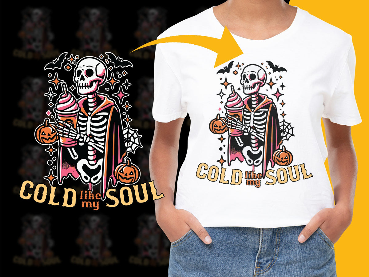 Kids Halloween T-Shirt, Skeleton Graphic, Cold Like My Soul, Pumpkin, Stars, Festive Holiday Apparel for Children